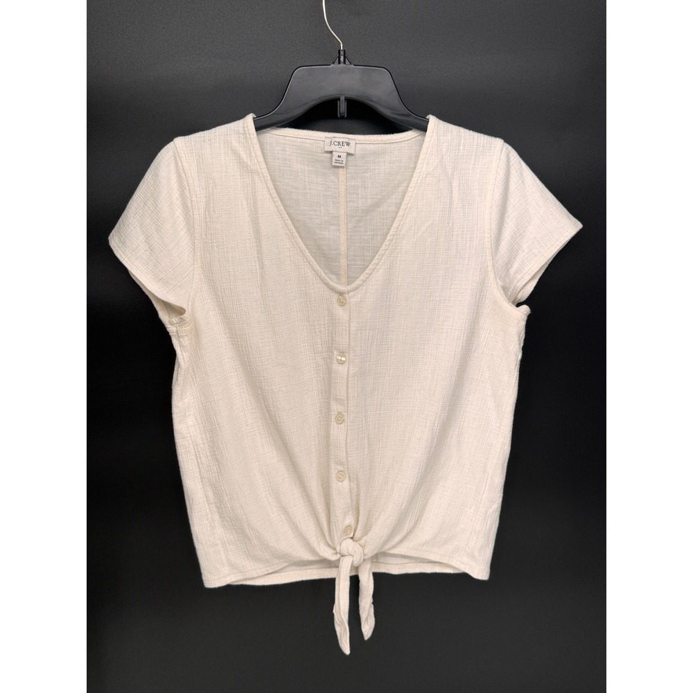 J.Crew Top Women M Cream EUC Tie Front Button V-Neck Short Sleeve Textured Gauze